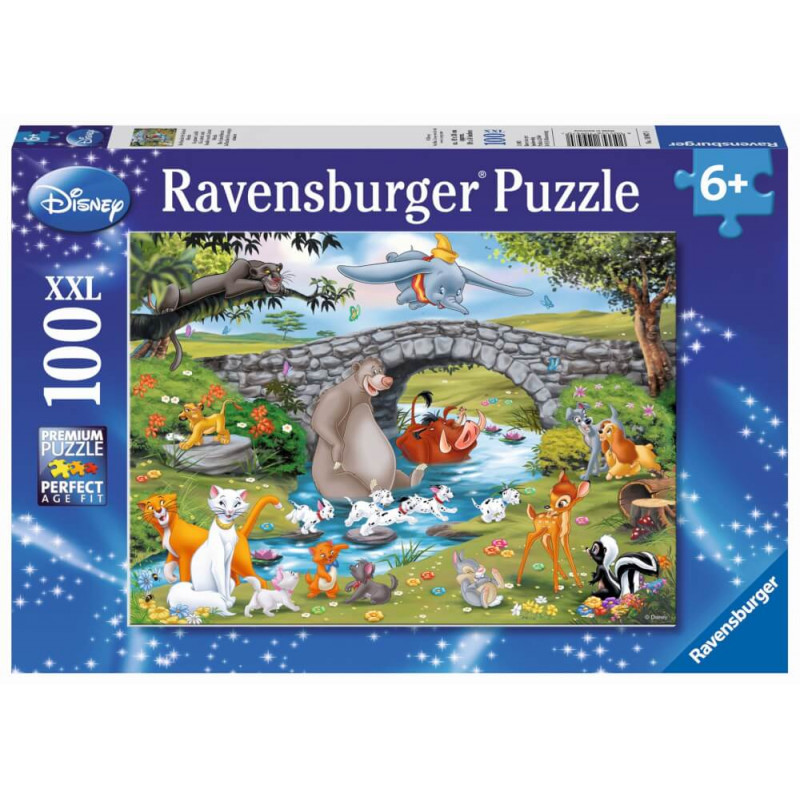 Disney-Tiere am Bach auf dem Ravensburger Puzzle 10947, 100 XXL-Teile, geeignet für Kinder ab 6 Jahren.