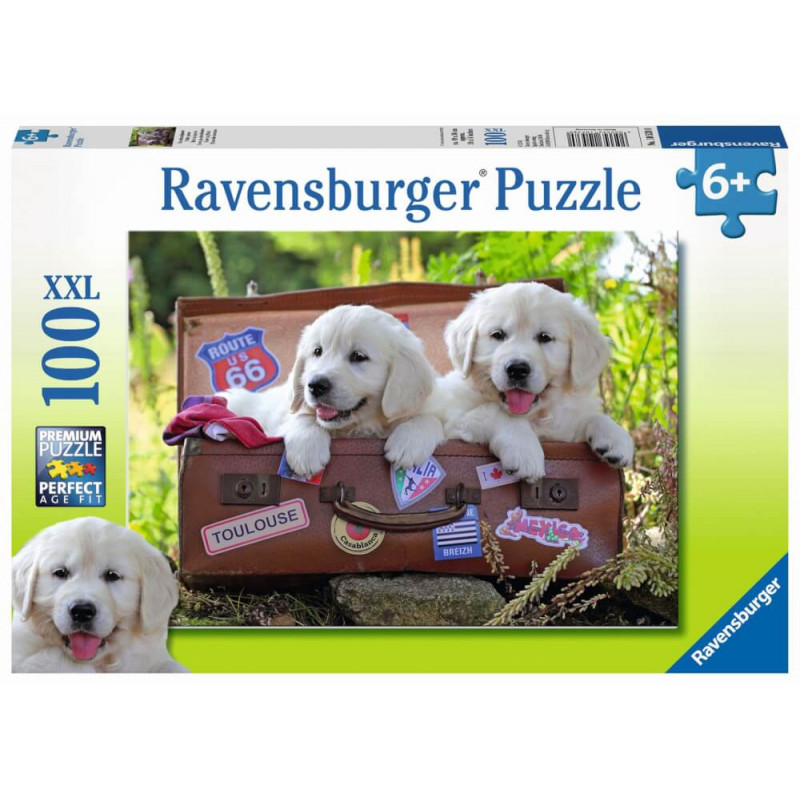 Ravensburger 10538 Puzzle Verschnaufpause, 100 XXL-Teile, Welpen im Koffer, ab 6 Jahren.