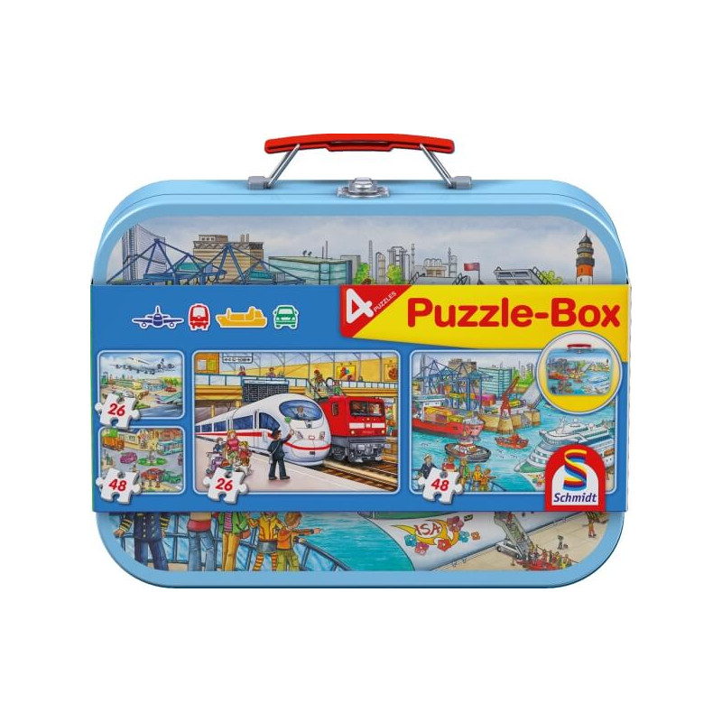 Schmidt Spiele Puzzle-Box Verkehrsmittel im Metallkoffer, 2x26 Teile, 2x48 Teile