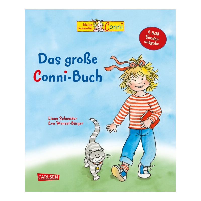 Buchcover mit lächelndem Mädchen, Katze und dem deutschen Titel Das große Conni-Buch.