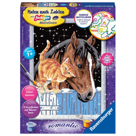 Malkasten mit Katze und Pferd, Farbtöpfen und Pinsel, geeignet für Kinder ab 7 Jahren.