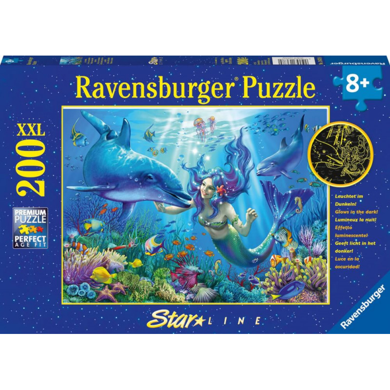 Ravensburger Puzzle mit Meerjungfrau und Delfinen, 200 XXL Teile, ab 8 Jahren.