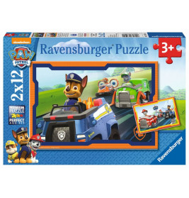 Ravensburger Paw Patrol Puzzle ab 3 Jahren mit bunten Cartoon-Hunden in Fahrzeugen auf der Verpackung.
