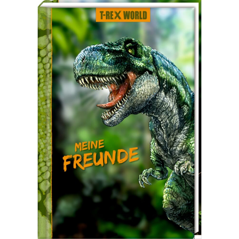 Ein grüner T-Rex brüllt auf dem Cover des Coppenrath Freundebuchs T-Rex World: Meine Freunde - Dinosaurier Edition.