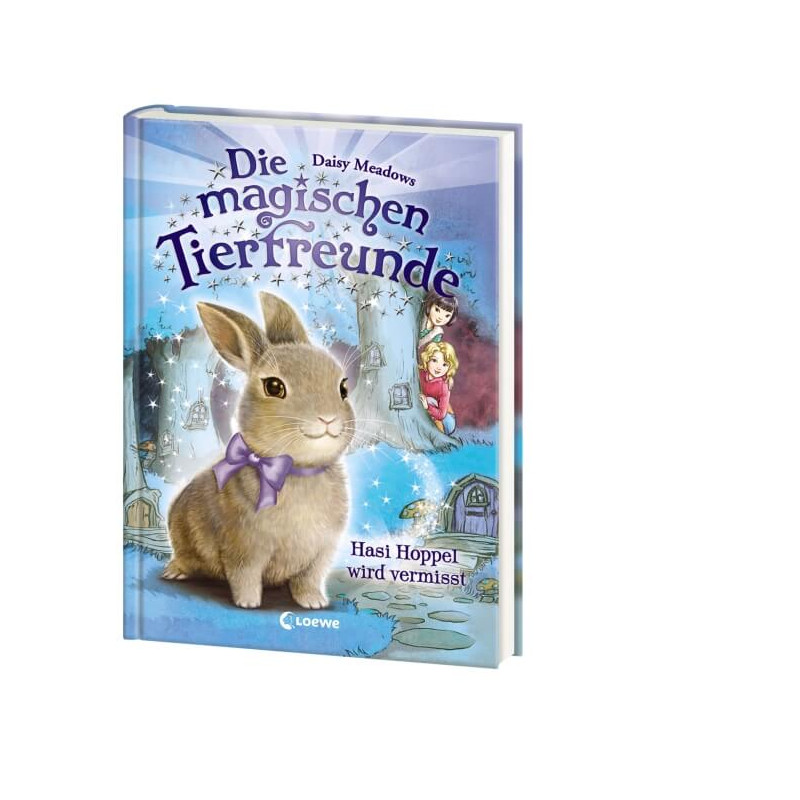 Buchcover von Die magischen Tierfreunde mit einem Hasen, der eine lila Schleife trägt, vor magischem Hintergrund.