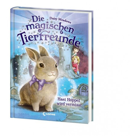Buchcover von Die magischen Tierfreunde mit einem Hasen, der eine lila Schleife trägt, vor magischem Hintergrund.