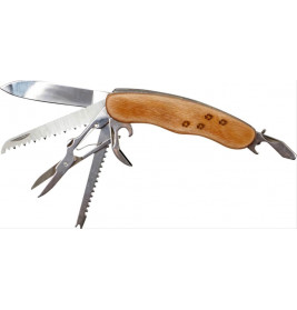 Taschenmesser mit Holzgriff und ausgeklappten Werkzeugen wie Klinge, Säge, Schere, Feile und weiteren Tools.