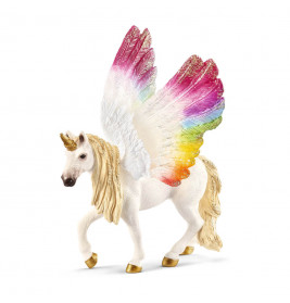 Ein weißes Einhorn mit goldenen Hufen und Horn sowie großen, regenbogenfarbenen Flügeln.
