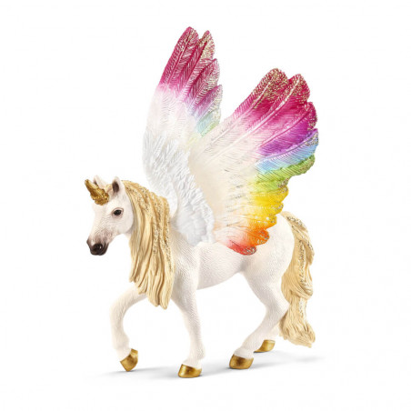 Ein weißes Einhorn mit goldenen Hufen und Horn sowie großen, regenbogenfarbenen Flügeln. Ein weißes Einhorn mit goldenen Hufen und Horn sowie großen, regenbogenfarbenen Flügeln.