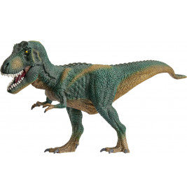 Ein grünes und braunes Tyrannosaurus-Rex-Spielzeug steht aufrecht auf zwei Beinen mit geöffnetem Maul.