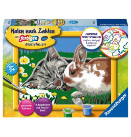 Malen-nach-Zahlen-Set mit Motiv: Kätzchen und Häschen berühren sich an der Nase, Farben und Pinsel sind enthalten.