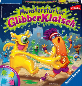 Bunte Brettspielschachtel mit Comic-Monstern und Schleim, Titel: Monsterstarker GlibberKlatsch.