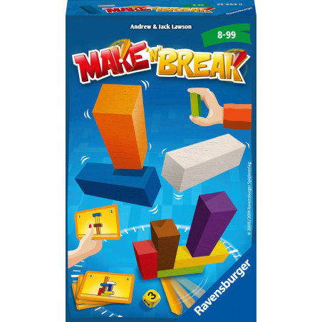 Box des Spiels Make n Break, bunte Bausteine und Hände beim Bauen auf blauem Hintergrund.