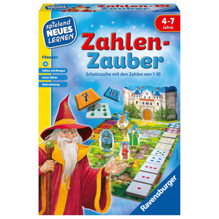 Zahlen Zauber: Brettspiel für 4- bis 7-Jährige mit Zauberer, Zahlenplättchen und spielenden Kindern auf der Box. Zahlen Zauber: Brettspiel für 4- bis 7-Jährige mit Zauberer, Zahlenplättchen und spielenden Kindern auf der Box.