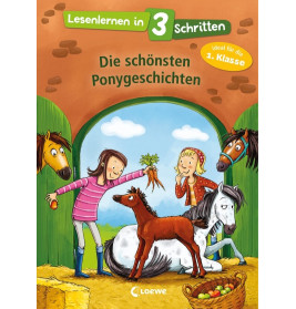 Zwei Mädchen mit Ponys und Karotten auf dem Buchcover Die schönsten Ponygeschichten für Erstklässler.