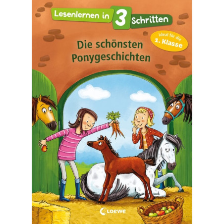 Zwei Mädchen mit Ponys und Karotten auf dem Buchcover Die schönsten Ponygeschichten für Erstklässler.