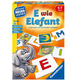Spielschachtel von E wie Elefant mit einem Elefanten und bunten Buchstabenkarten auf dem Cover.