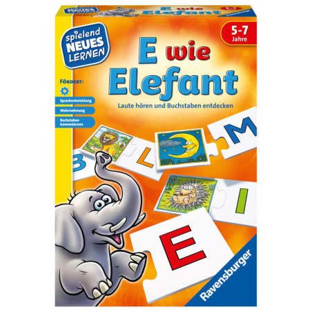 Spielschachtel von E wie Elefant mit einem Elefanten und bunten Buchstabenkarten auf dem Cover. Spielschachtel von E wie Elefant mit einem Elefanten und bunten Buchstabenkarten auf dem Cover.