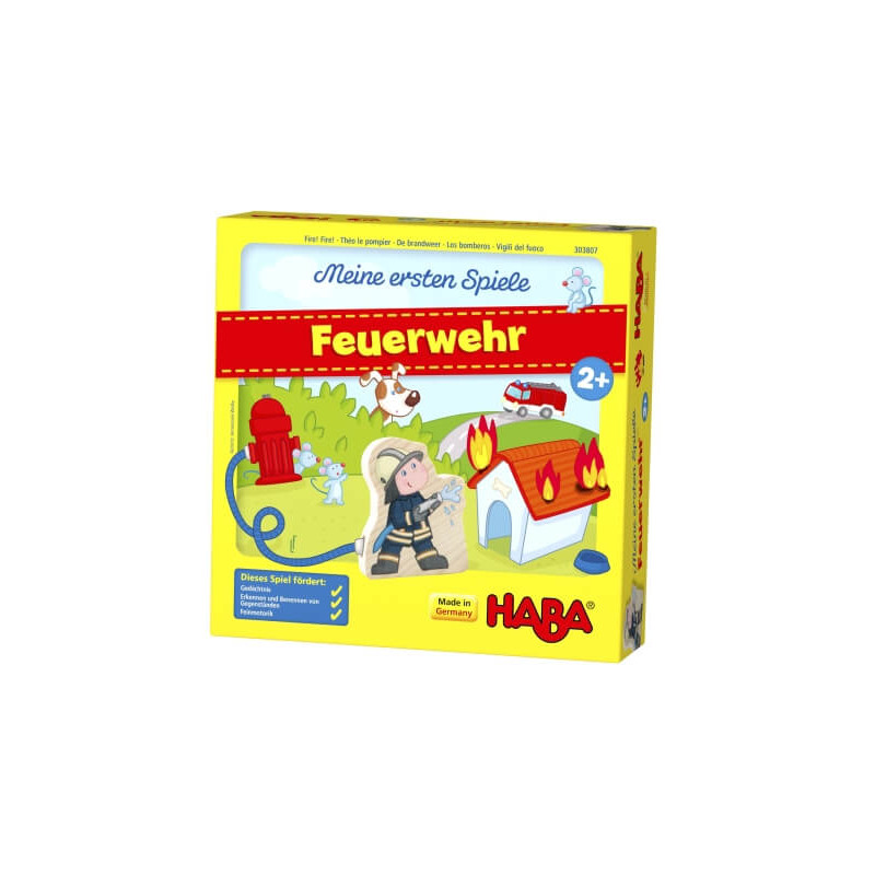 Gelbe HABA-Spielschachtel mit Feuerwehrmann, brennendem Haus, Hydrant und rotem Feuerwehr-Schriftzug. Gelbe HABA-Spielschachtel mit Feuerwehrmann, brennendem Haus, Hydrant und rotem Feuerwehr-Schriftzug.