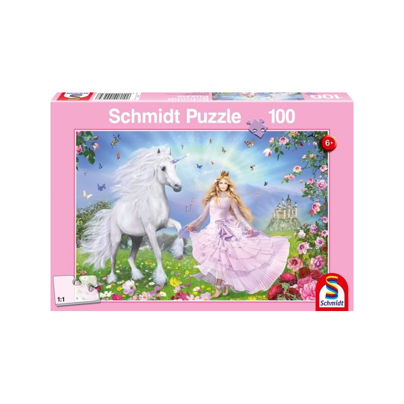 Schmidt Puzzle: Prinzessin in Rosa mit weißem Einhorn im Garten, im Hintergrund ein Schloss.