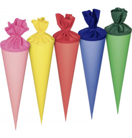 Fünf bunte, kegelförmige Schultüten mit Stoffverschlüssen in Pink, Gelb, Rot, Blau und Grün.