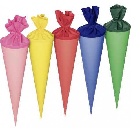 Fünf bunte, kegelförmige Schultüten mit Stoffverschlüssen in Pink, Gelb, Rot, Blau und Grün. Fünf bunte, kegelförmige Schultüten mit Stoffverschlüssen in Pink, Gelb, Rot, Blau und Grün.
