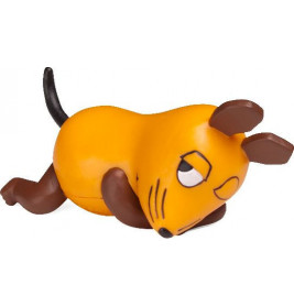 Orange Cartoonsmaus mit braunen Ohren, Schwanz und Gliedmaßen liegt seitlich mit schläfrigem Gesichtsausdruck.