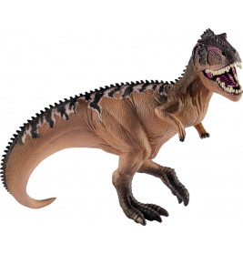Brauner Spielzeug-Dinosaurier mit schwarzen Streifen, offenem Maul und kleinen Armen, als würde er brüllen.
