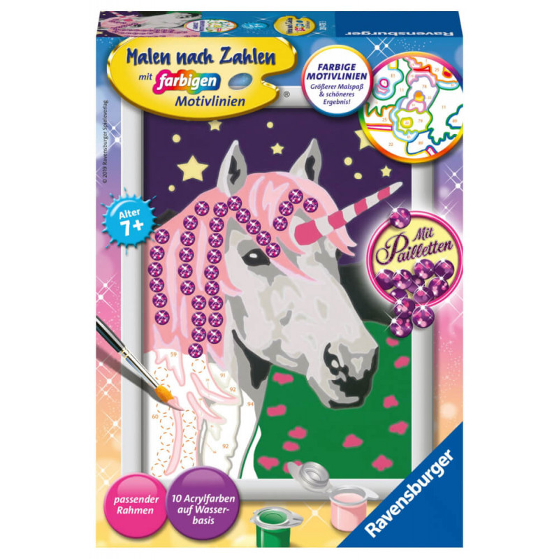 Malset-Box mit einem weißen Einhorn, pinker Mähne und Pailletten auf lila Hintergrund. Malset-Box mit einem weißen Einhorn, pinker Mähne und Pailletten auf lila Hintergrund.