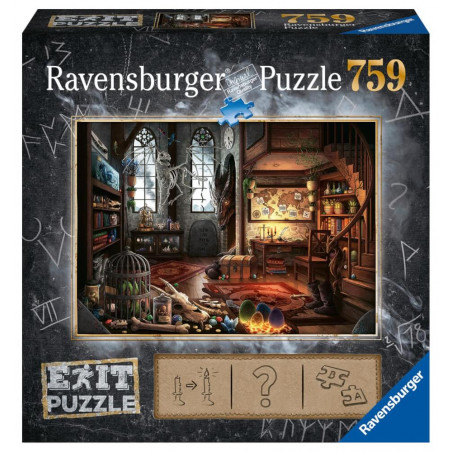 Ravensburger Exit Puzzle: Magischer, mit Büchern und leuchtenden Objekten gefüllter, unordentlicher Zauberraum.
