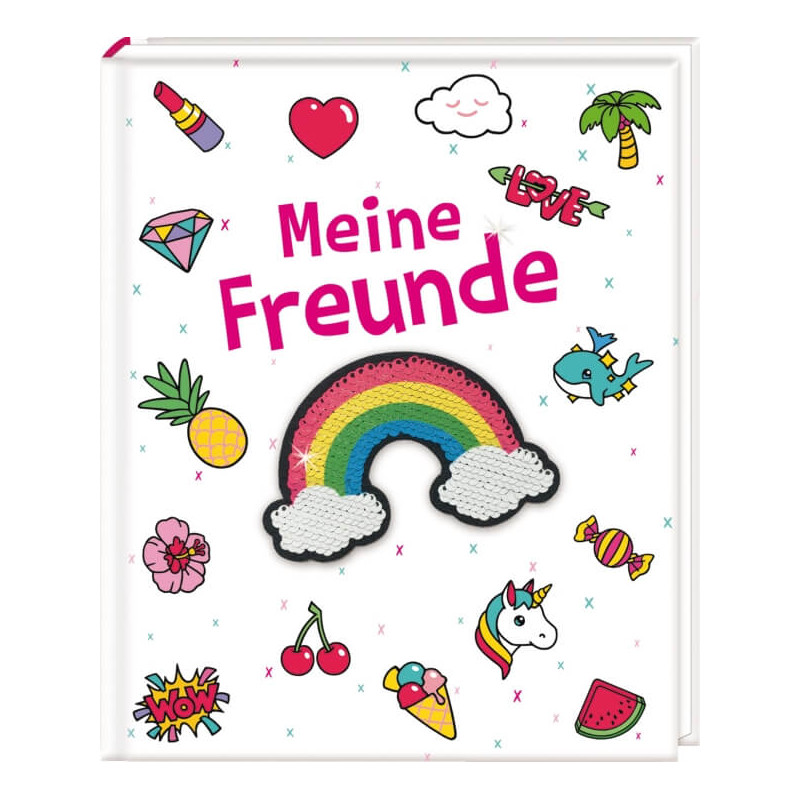 Weißes Buchcover mit Meine Freunde, Regenbogen und bunten Stickern wie Einhörnern, Herzen und Süßigkeiten.