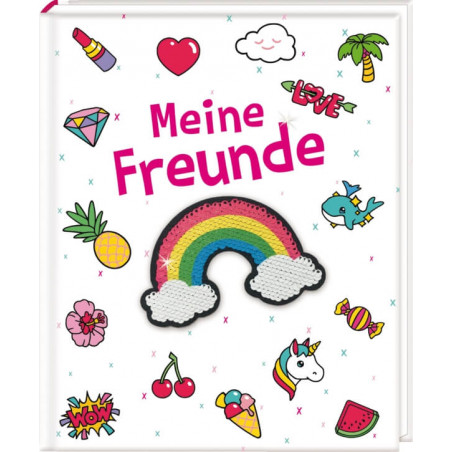 Weißes Buchcover mit Meine Freunde, Regenbogen und bunten Stickern wie Einhörnern, Herzen und Süßigkeiten.