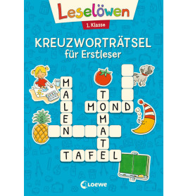 Blauer Einband eines deutschen Kreuzworträtselbuchs für Erstklässler mit Illustrationen und Rätselhintweisen.