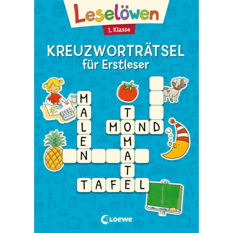 Blauer Einband eines deutschen Kreuzworträtselbuchs für Erstklässler mit Illustrationen und Rätselhintweisen.