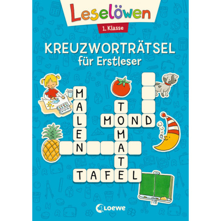 Blauer Einband eines deutschen Kreuzworträtselbuchs für Erstklässler mit Illustrationen und Rätselhintweisen.