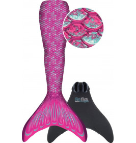 Meerjungfrauenschwanz-Kostüm in Pink und Lila mit Flosse, Nahaufnahme des glänzenden Schuppenmusters.