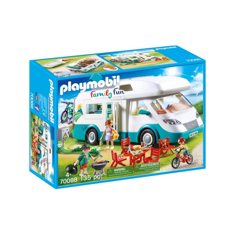 Playmobil Family Fun Campingbus-Set mit Figuren, Fahrrädern, Grill und weiterem Campingzubehör in der Verpackung.