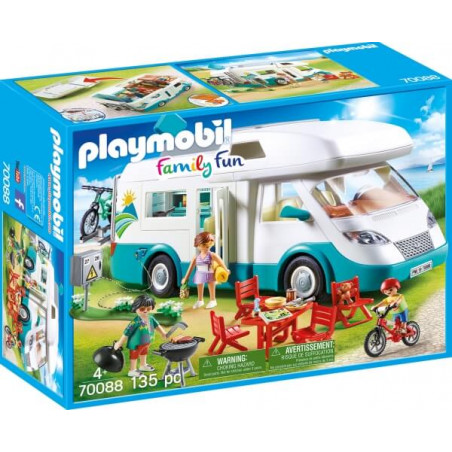 Playmobil Family Fun Campingbus-Set mit Figuren, Fahrrädern, Grill und weiterem Campingzubehör in der Verpackung.