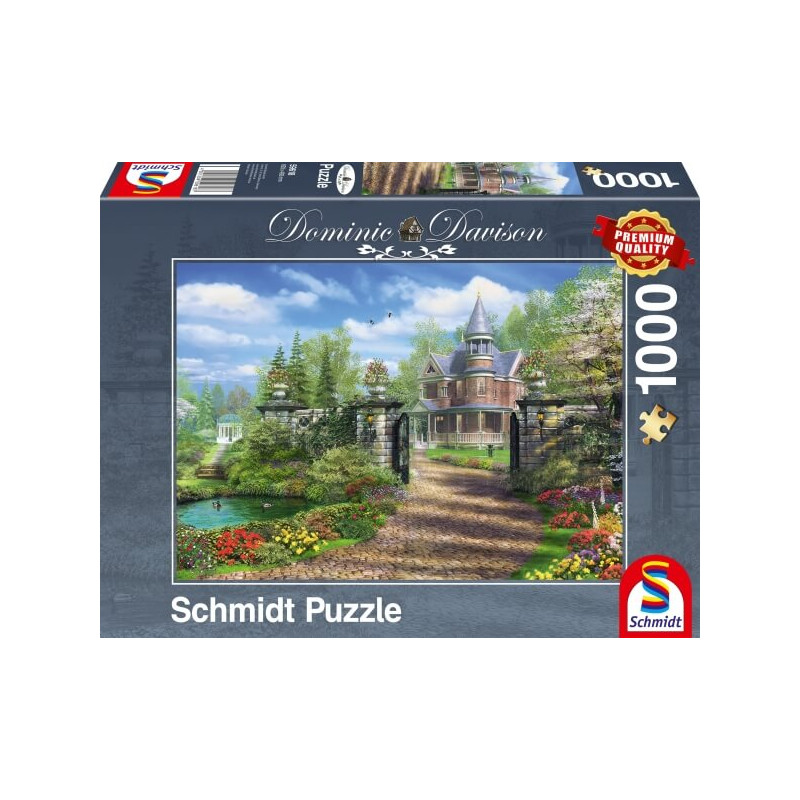 Schmidt Puzzle mit 1000 Teilen, Motiv: Gemälde eines viktorianischen Hauses mit Garten von Dominic Davison. Schmidt Puzzle mit 1000 Teilen, Motiv: Gemälde eines viktorianischen Hauses mit Garten von Dominic Davison.