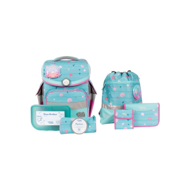 Türkises Rucksack-Set mit pinken Details: enthält Lunchbox, Beutel, Turnbeutel und Geldbörse. Türkises Rucksack-Set mit pinken Details: enthält Lunchbox, Beutel, Turnbeutel und Geldbörse.