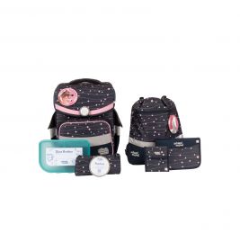 Dunkelblaues Schulranzen-Set mit pinken Sternen, Brotdose, Federmäppchen, Turnbeutel und Geldbörse.