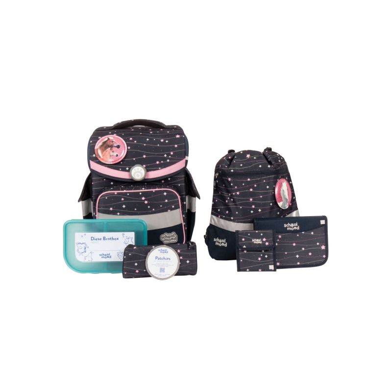 Dunkelblaues Schulranzen-Set mit pinken Sternen, Brotdose, Federmäppchen, Turnbeutel und Geldbörse. Dunkelblaues Schulranzen-Set mit pinken Sternen, Brotdose, Federmäppchen, Turnbeutel und Geldbörse.