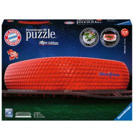 Ravensburger 3D-Puzzle Allianz Arena, rotes Stadionmodell, FC Bayern München, 216 Teile, Night Edition.
