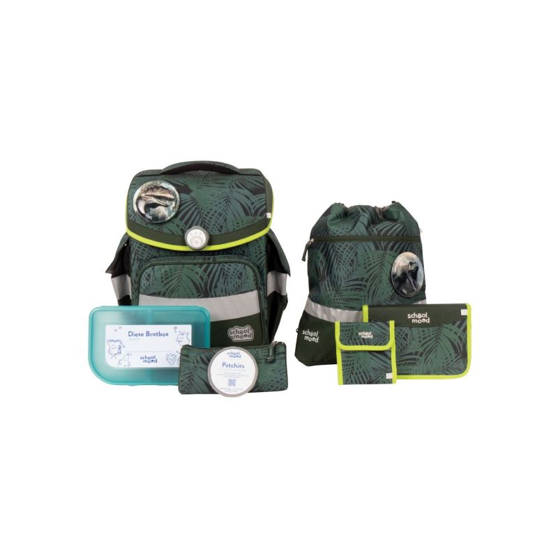 Grünes Schulrucksack-Set mit tropischem Blattmuster, passender Brotdose, Federmäppchen und kleinen Taschen. Grünes Schulrucksack-Set mit tropischem Blattmuster, passender Brotdose, Federmäppchen und kleinen Taschen.