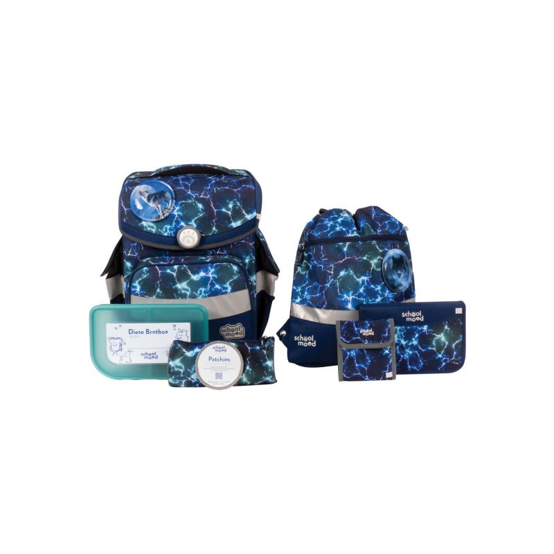 Blaues Schulranzen-Set mit Elektro-Muster, inklusive passender Brotdose, Sportbeutel, Federmäppchen und Geldbörse. Blaues Schulranzen-Set mit Elektro-Muster, inklusive passender Brotdose, Sportbeutel, Federmäppchen und Geldbörse.
