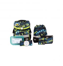 Blau-grüne Schulranzen, Federmäppchen, Brotdose und Etiketten mit Muster auf weißem Hintergrund.