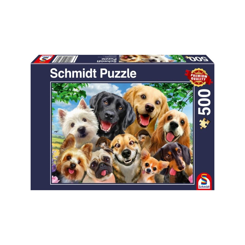 Puzzlebox mit Motiv von zehn fröhlichen Hunden verschiedener Rassen im Freien, 500 Teile.