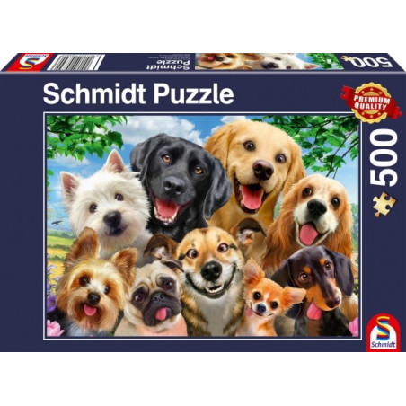 Puzzlebox mit Motiv von zehn fröhlichen Hunden verschiedener Rassen im Freien, 500 Teile.