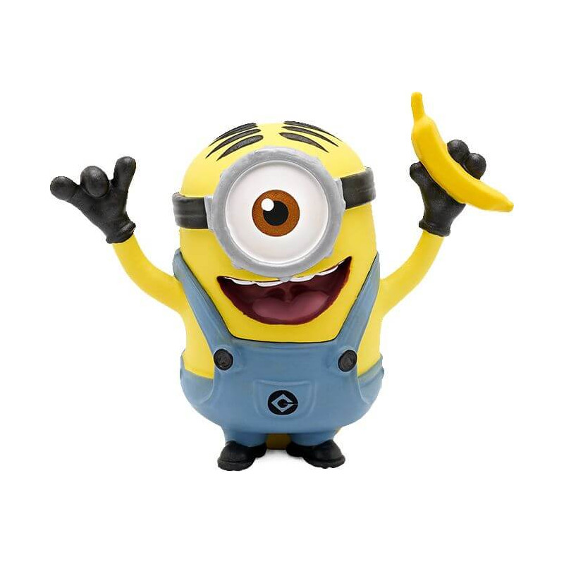 Ein einäugiges gelbes Minion-Spielzeug in blauer Latzhose hält eine Banane und winkt auf weißem Hintergrund.