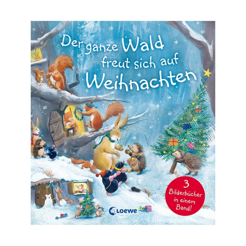 Illustration von Waldtieren, die sich mit geschmücktem Baum und Schnee im Hintergrund auf Weihnachten vorbereiten.